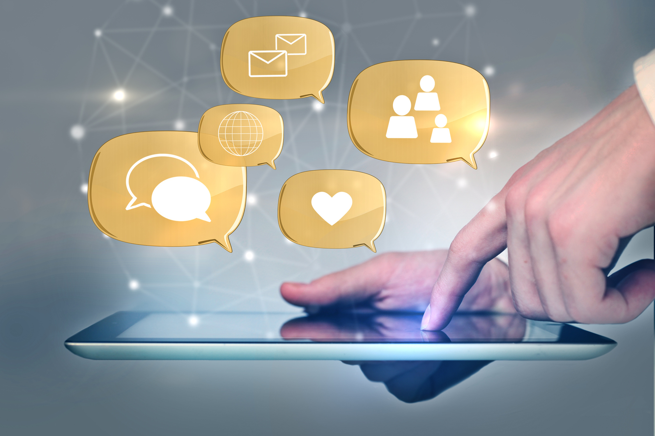social media icons above digital tablet